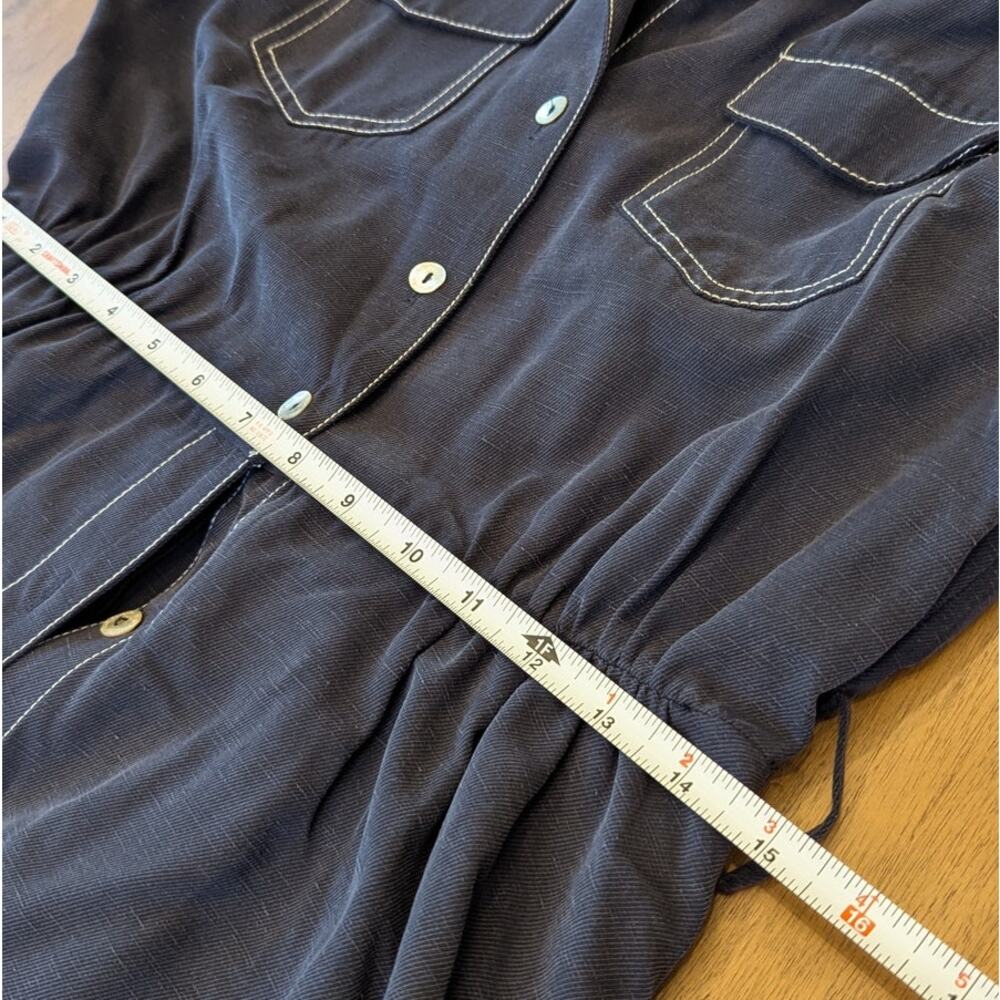 Elie Tahari Shirt Midi Dress Womens 6 Navy Linen Blend Short Sleeve Belted - Picture 7 of 10